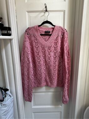 Kittenish Rose Pink Openwork V-Neck Sweater